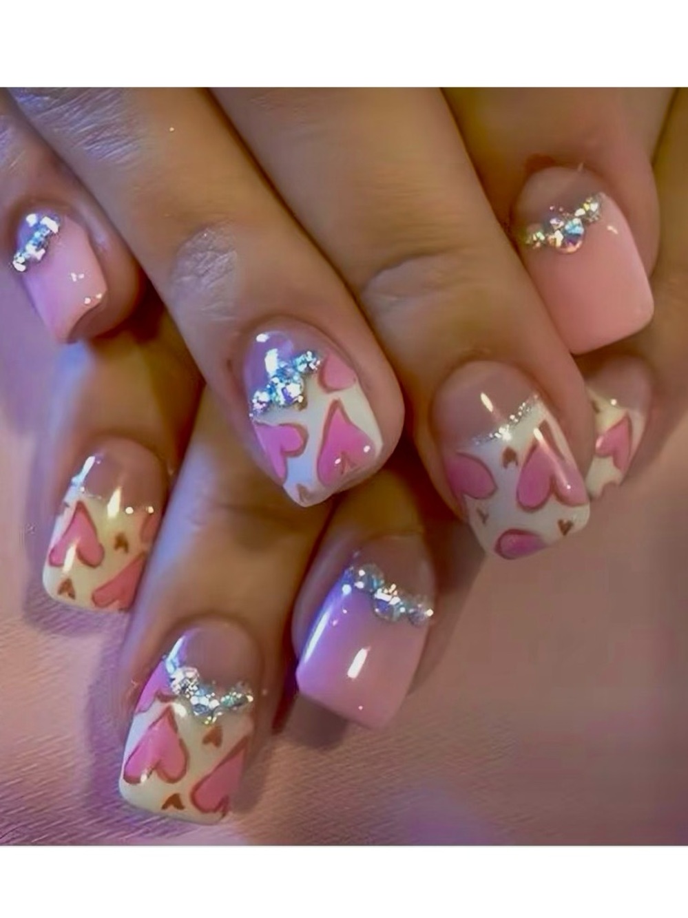 Short Square Press On Nails Nude Pink White With Rhinestone Accents Coquette
